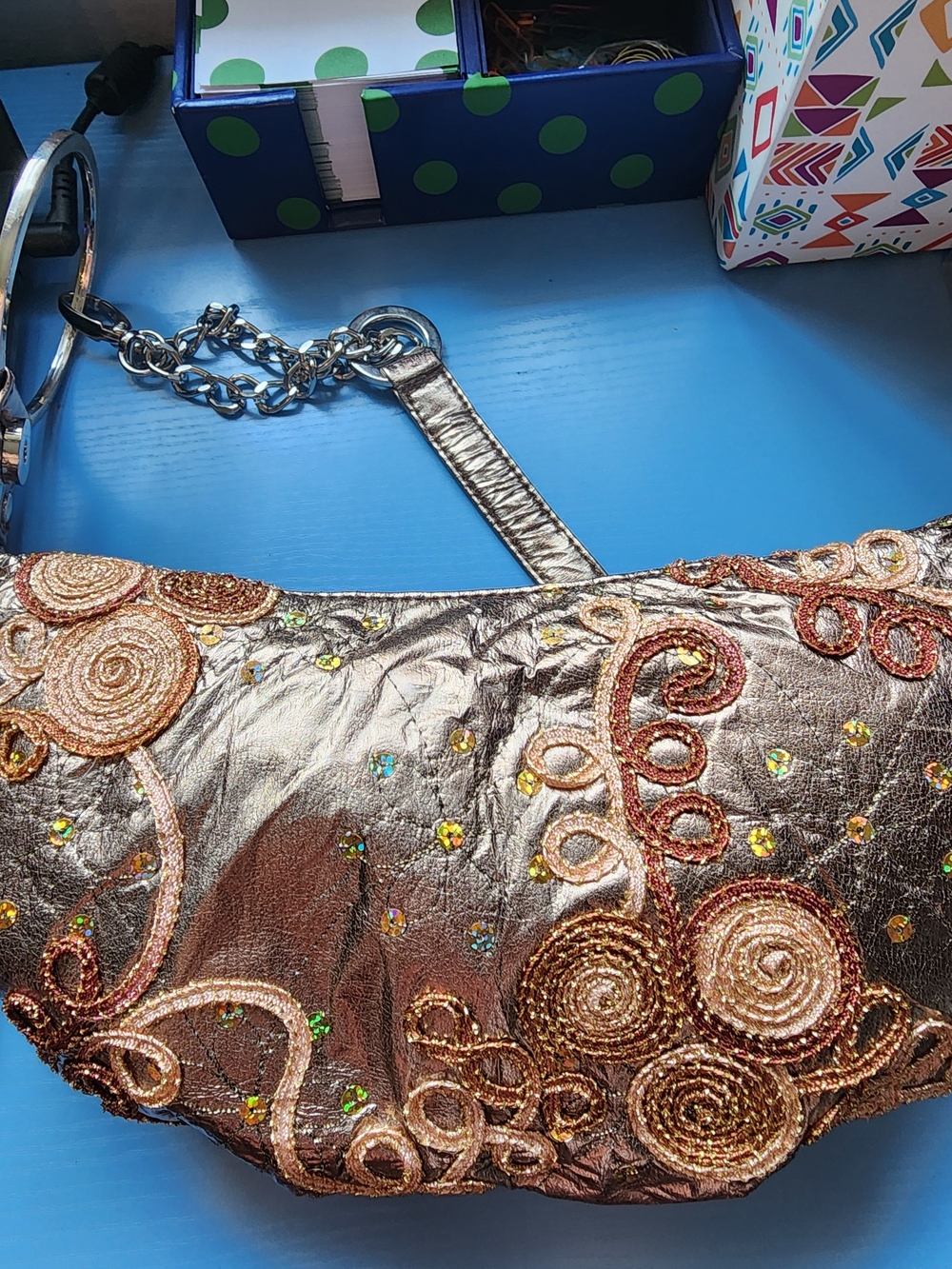 Embellished Metallic Bronze Shoulder Bag with Removable Chain Strap